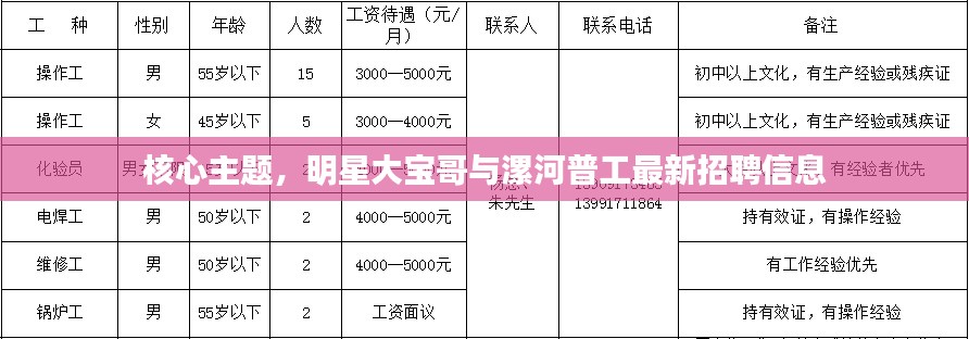 核心主题,明星大宝哥与漯河普工最新招聘信息